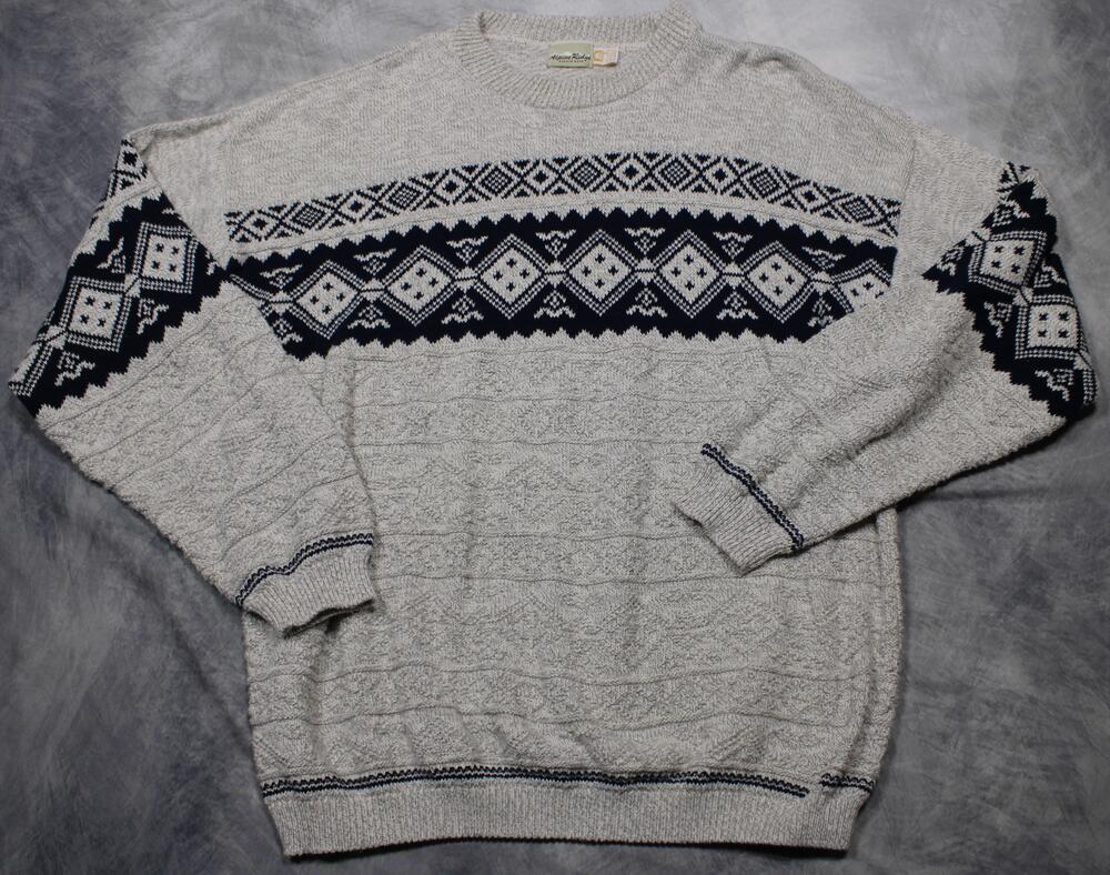 Vintage Alpine Ridge Sweater Mens XL Gray Fair Isle Crewneck Cotton Knit Nordic